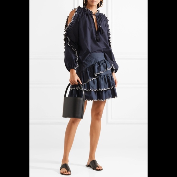 Ulla Johnson Blouse Blue Ruffle Embroidered Tassel - Picture 2 of 4